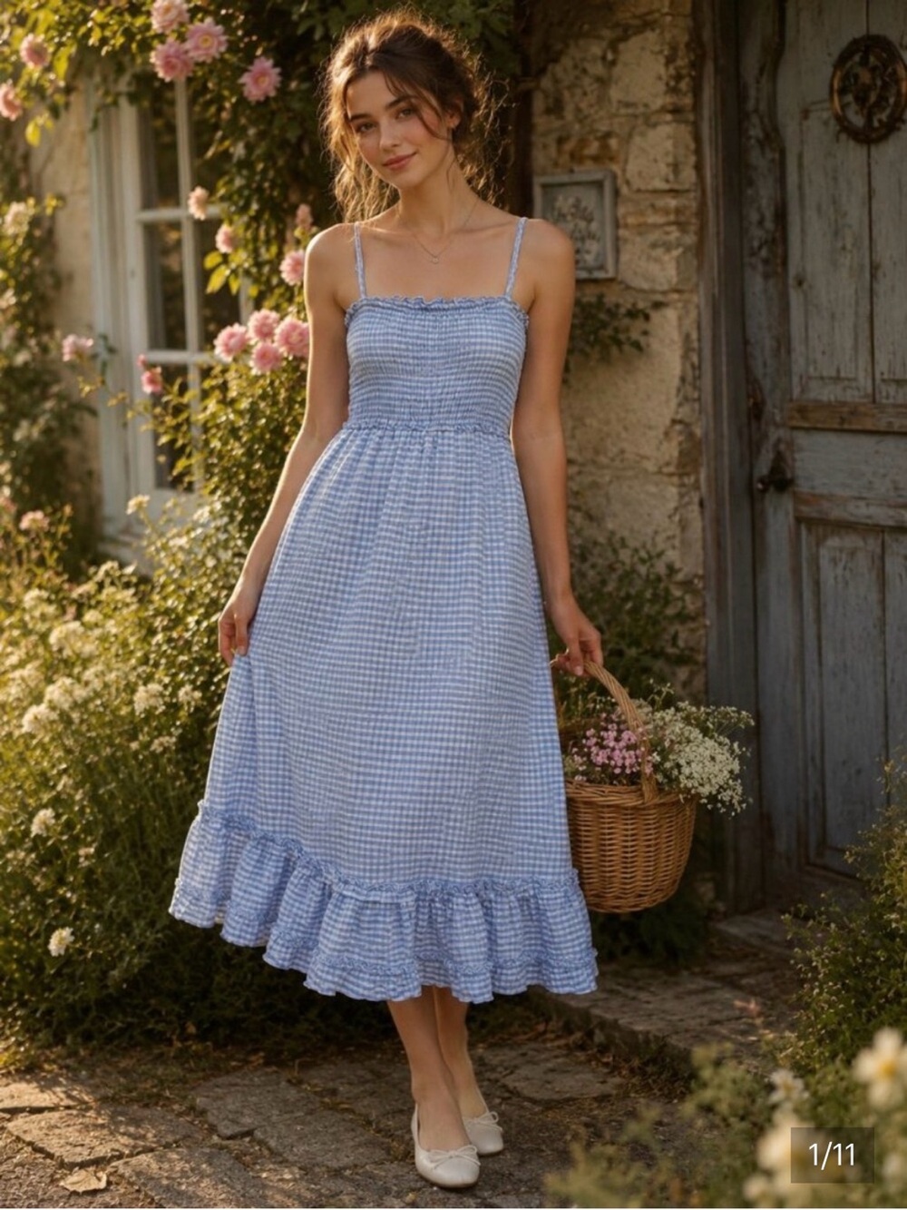 NWT. Sim and Sim Blue Gingham Smocked Midi Dress. Medium